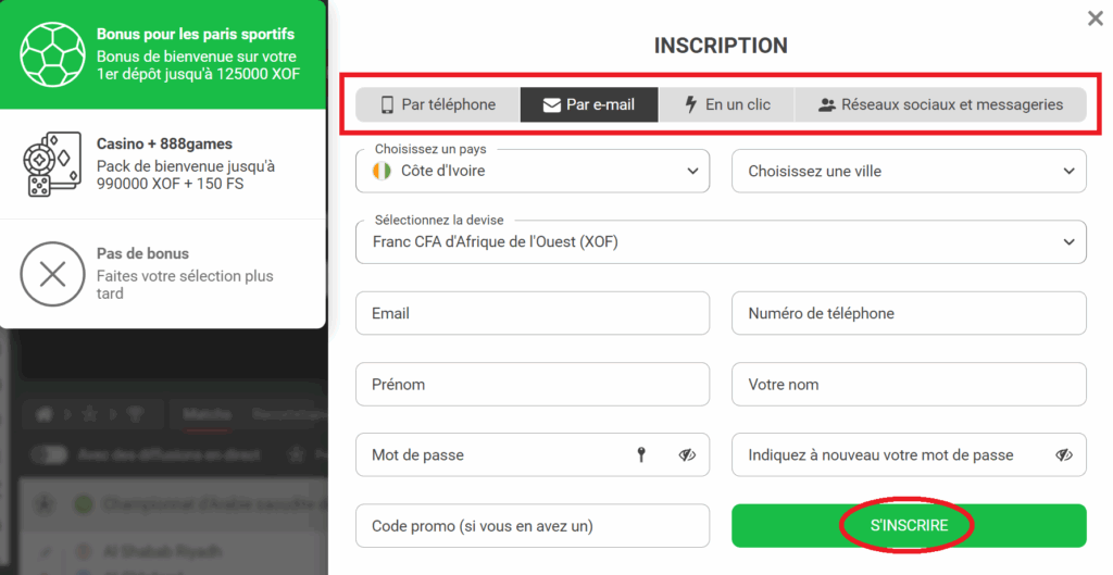 Créez votre compte de diverses manières sur 888Starz